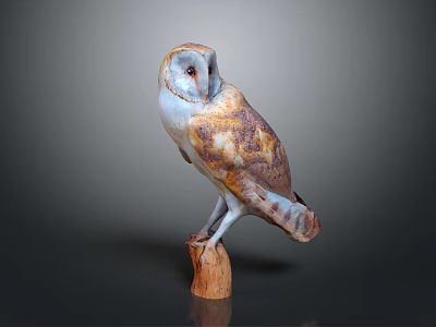 Lifelike Owl Sculpture With Intricate Feather Details Standing On Natural Wooden Base 3d model