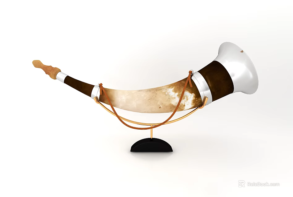 Decorative Ornament Set With Curved Horn Brown White And Golden Rope Black Base 3d model 