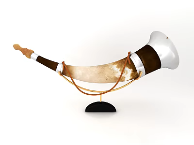 Decorative Ornament Set With Curved Horn Brown White And Golden Rope Black Base 3d model