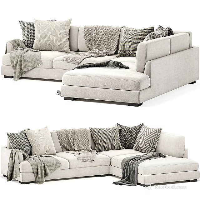 Modern Sectional Sofa With Plush Cushions Decorative Pillows And Soft Blankets 3d model