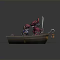 Man Rowing Wooden Boat On Blue Water With Pink Hat Character And Sword Potion