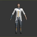 Futuristic Male Character Wearing Detailed White And Blue Outfit With Yellow Accents And Arm Guards