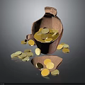 Antique Broken Clay Pot With Gold Coins Scattered Inside And Around