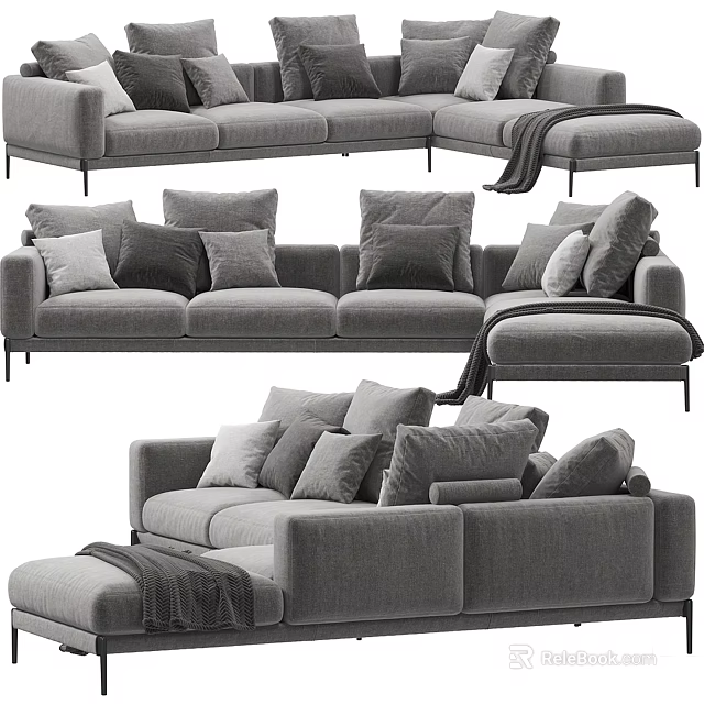 Modern Gray Sectional Sofa With Multiple Soft Pillows And Upholstered Design 3d model