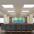 Spacious Conference Room With Ceiling Lights Marble Columns Large Screen And Arranged Chairs 3d model