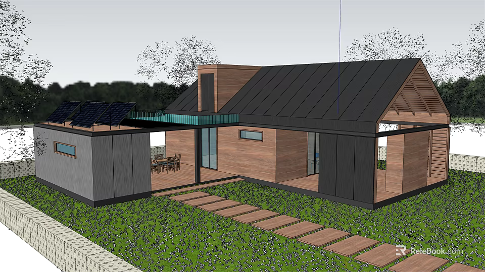 Modern Detached Villa With Black Roof Solar Panels Courtyard Stone Path And Grass Lawn 3d model 
