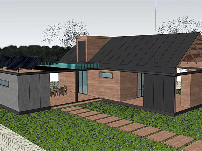 Modern Detached Villa With Black Roof Solar Panels Courtyard Stone Path And Grass Lawn 3d model