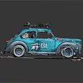 Blue Beetle Car Model With Roof Rack On Display Base And Decorative Details
