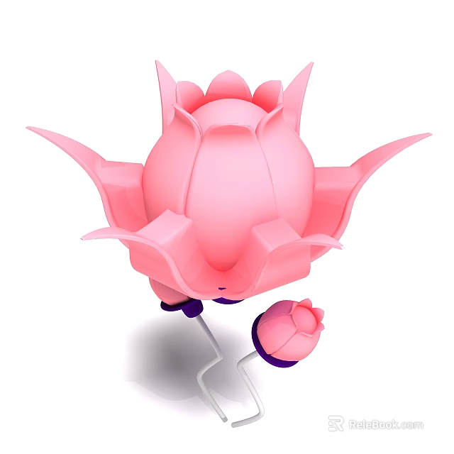 Pink Lotus Flower Sculpture with Small Bud White Stem and Purple Base 3d model 