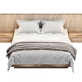 Modern Double Bed With Rattan Headboard Wooden Frame Gray Blanket And White Pillows