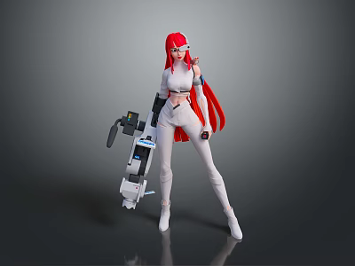 Sci Fi Game Character With Red Hair White Outfit And Futuristic Weapon 3d model