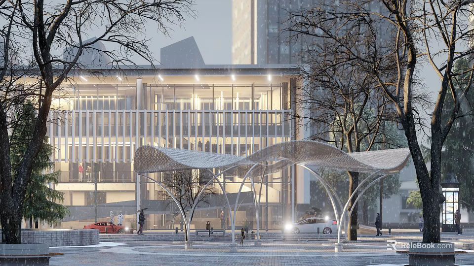 Modern Outdoor Pergola Design With Illuminated Lighting Trees And Urban Building Background 3d model 