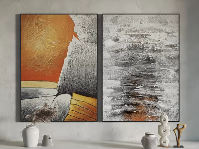 Two Panel Abstract Textured Wall Art In Modern Living Room With Colorful Canvas And Decorations 3d model