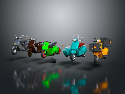 Colorful Vintage Scooter Motorcycles With Various Designs And Reflective Surfaces 3d model