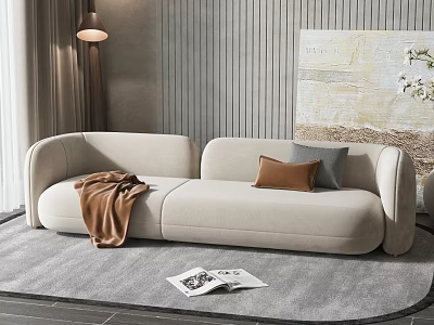 Beige Sofa with Brown Blanket Gray Cushion on Gray Rug Modern Art and Floor Lamp 3d model