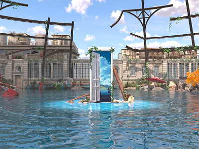 Cartoon Scene Featuring Flooded Area Open Door Blue Sky Collapsed Structures Green Plants Red Boat 3d model