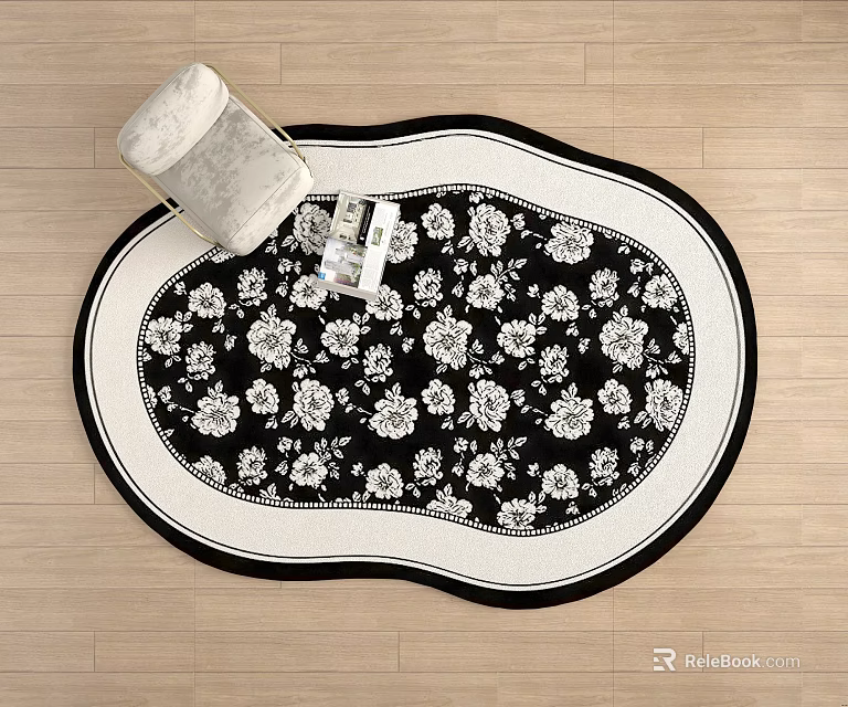 Elegant Oval Shaped Carpet With Black White Floral Pattern For Home Decor 3d model 