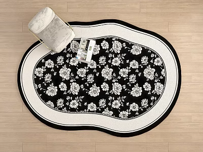 Elegant Oval Shaped Carpet With Black White Floral Pattern For Home Decor 3d model