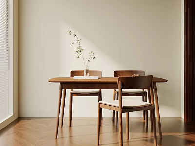 Minimalist Wooden Dining Table With Chairs And Vase Plant In Bright Natural Light 3d model