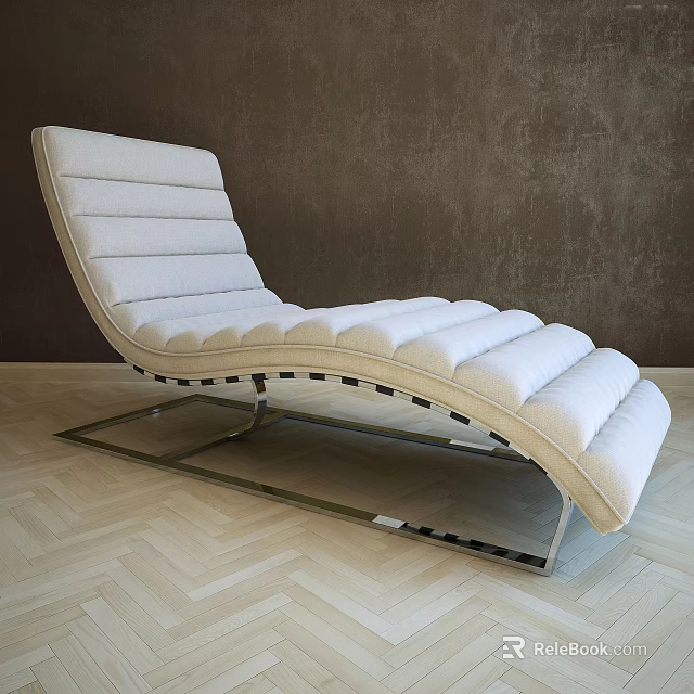 Light Colored Upholstered Chaise Lounge With Curved Design And Silver Metal Base 3d model 