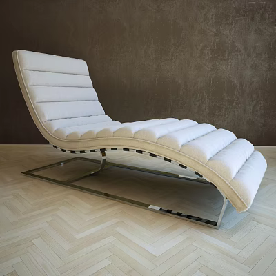 Light Colored Upholstered Chaise Lounge With Curved Design And Silver Metal Base 3d model