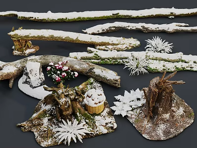 Natural Stone and Wood Decorative Set with Snow Covered Logs Ferns and White Blooms 3d model
