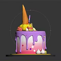 Decorated Cake With Purple Pink Gradient Dripping Icing Topped With Ice Cream Cone Macarons Candle