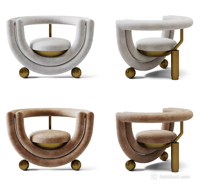 Modern Accent Chair with Curved Armrests Golden Metal Upholstered Seat Wheels and Various Neutral Tones 3d model 