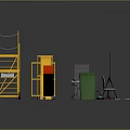 Work Area Setup With Yellow Metal Frames Red Lockers Green Trash Bin And Office Supplies