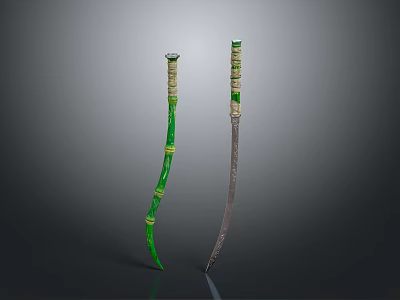 Two Decorative Weapons With Green Yellow Handles And Silver Blades 3d model