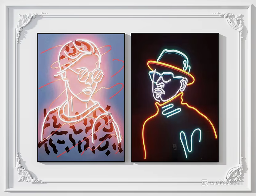Neon Light Portrait Paintings With Two Figures Glasses Hat And Patterned Top In White Frame 3d model 