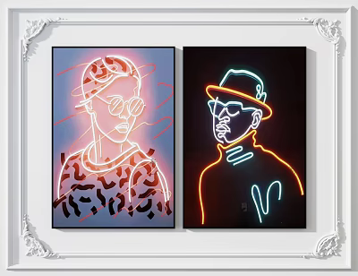 Neon Light Portrait Paintings With Two Figures Glasses Hat And Patterned Top In White Frame 3d model