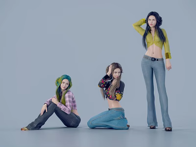 Three Models Posing in Sitting Kneeling Standing Positions with Green Top Plaid Shirt and Jeans 3d model