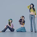 Three Models Posing in Sitting Kneeling Standing Positions with Green Top Plaid Shirt and Jeans