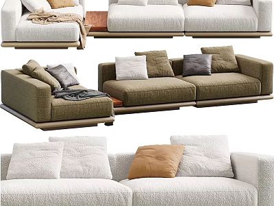 Modern Sectional Sofa With Plush Pillows And Wooden Base In Neutral Tones 3d model