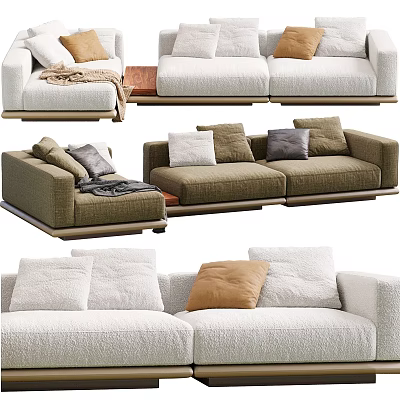 Modern Sectional Sofa With Plush Pillows And Wooden Base In Neutral Tones 3d model