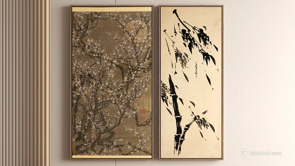 Pair of Plant Paintings with Plum Blossoms and Bamboo Branches Hanging on Light Wall 3d model 