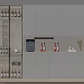 Modern Wine Cabinet Interior with Glass Door Wine Bottles Glassware and Light Gray Cabinets