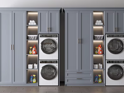 Gray Bathroom Cabinetry Featuring Open Shelves Lighting Stacked Washer Dryer and Storage Baskets 3d model