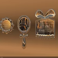Three Decorative Mirrors with Radiant Bow and Cross Frames Reflecting Grid Patterns on Brown Background 3d model