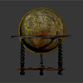 Antique Decorative Painted Globe On Carved Wooden Stand With Twisted Legs