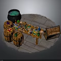Wooden Table On Stone Floor With Cauldron Barrels Chest Bottles Jars And Tools