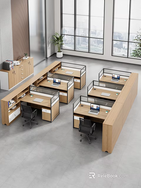 Modern Office Cubicle Workstations With Wooden Desks Black Chairs Computers And Large Windows 3d model 