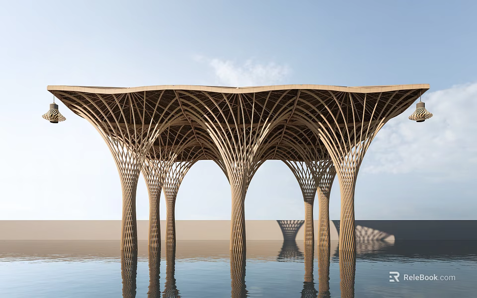 Modern Wooden Architectural Structure With Curved Columns Hanging Lanterns And Water Reflections 3d model 