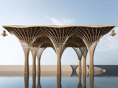 Modern Wooden Architectural Structure With Curved Columns Hanging Lanterns And Water Reflections 3d model