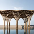 Modern Wooden Architectural Structure With Curved Columns Hanging Lanterns And Water Reflections