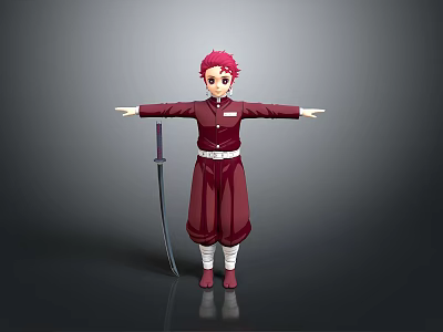 Anime Character With Red Hair Crimson Uniform White Belt Long Sword Arms Outstretched Gray Background 3d model