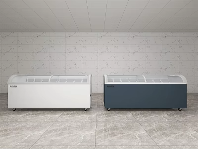 Two Freezers White and Dark Blue in Indoor Space with Light-Colored Walls Gray Floor Tiles 3d model