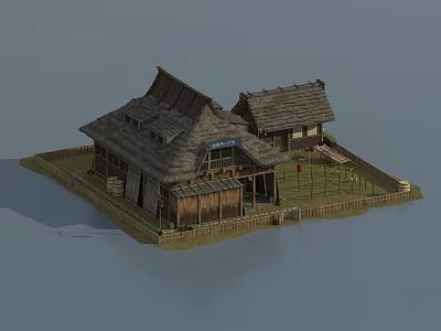 Ancient Architecture Traditional Wooden Structure With Thatched Roof And Courtyard Fence 3d model