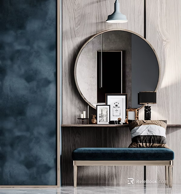 Modern Elegant Dressing Table With Round Mirror Wooden Wall Blue Bench And Decorative Items 3d model 